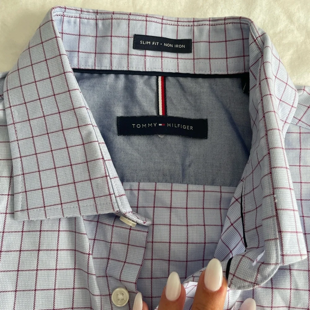 Tommy Hilfiger Men's Blue and Red Grid Shirt - Picture 2 of 4